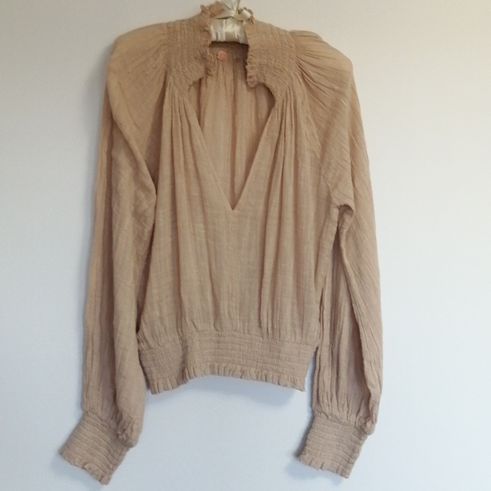 Free People boho coffee cream color peasant blouse, sz lrg